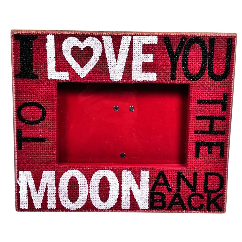 Red Burlap Love You To The Moon & Back Photo Frame Wood 4x6 Rustic Boho Cottage